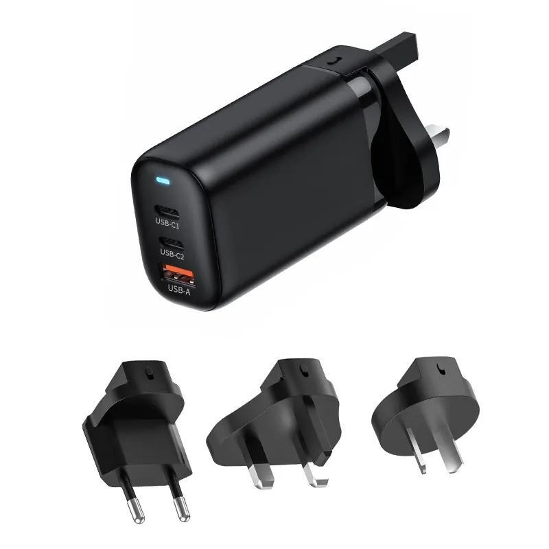 Cargador de pared GaN de 3 puertos y 66 W de conversión personalizada, 2 adaptadores de carga rápida USB-C, 1 adaptador de enchufe de viaje GaN de carga rápida USB-A 3.0 de 65 W con enchufes para Reino Unido, UE, Australia y EE. UU.