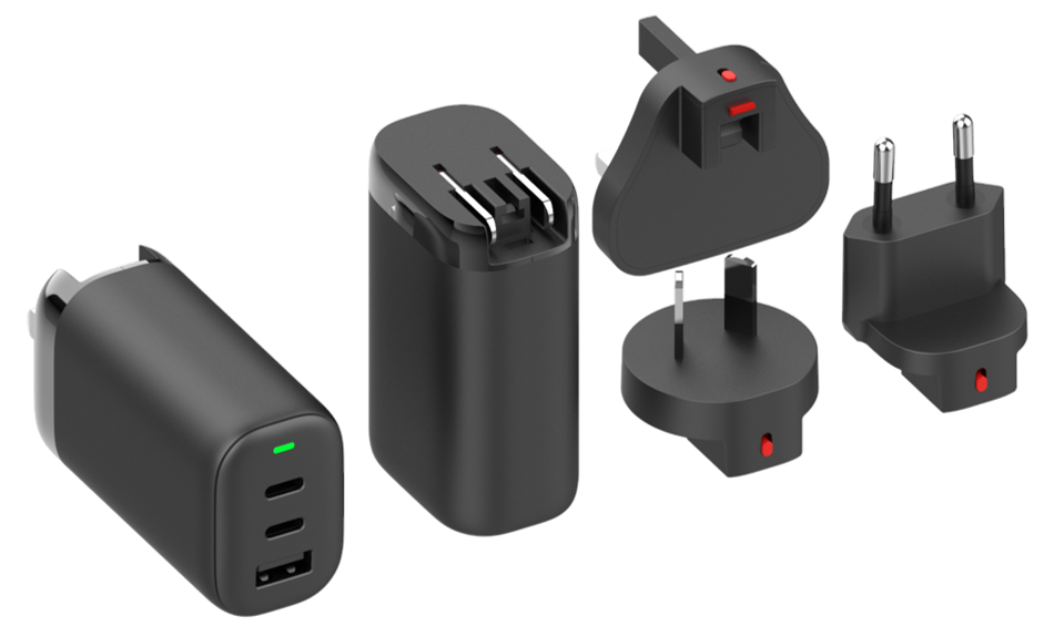 Cargador de pared GaN de 3 puertos y 66 W de conversión personalizada, 2 adaptadores de carga rápida USB-C, 1 adaptador de enchufe de viaje GaN de carga rápida USB-A 3.0 de 65 W con enchufes para Reino Unido, UE, Australia y EE. UU.